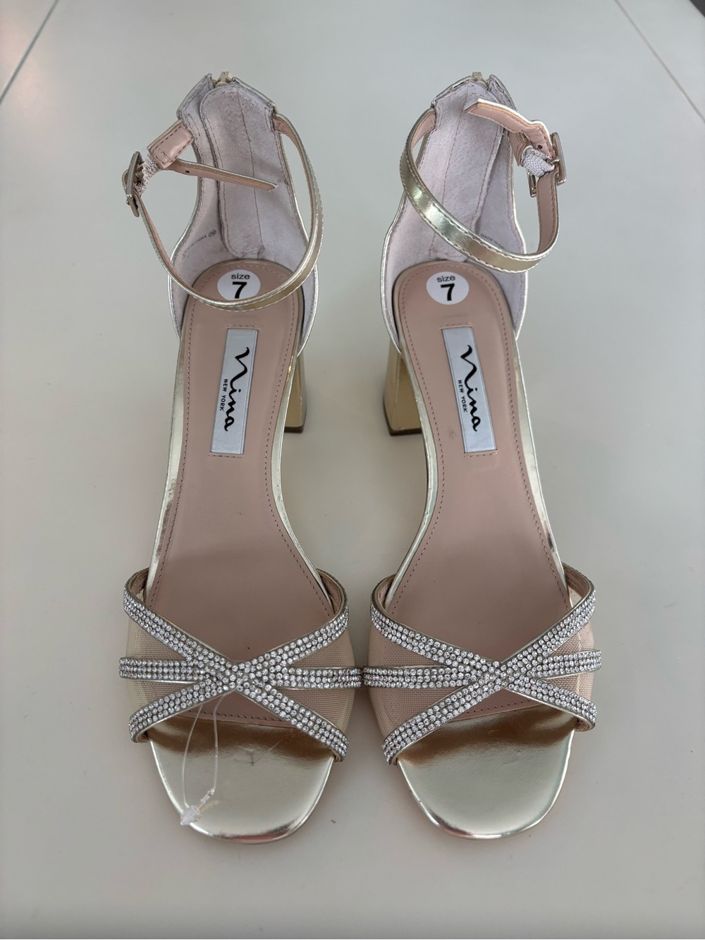 Nina Gold Strappy Crystal Block Heel Sandals 7